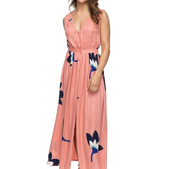 Roxy Dress -Pink- Maxi Floral Print V-Neck - Picture 1 of 4